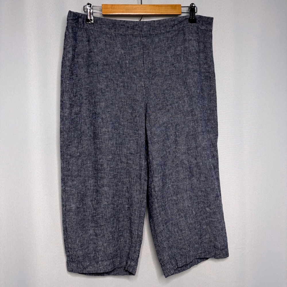 Chicos Blue Linen Blend Capri Pants Wide Leg Elastic Back‎ Lrg Coastal Lagenlook